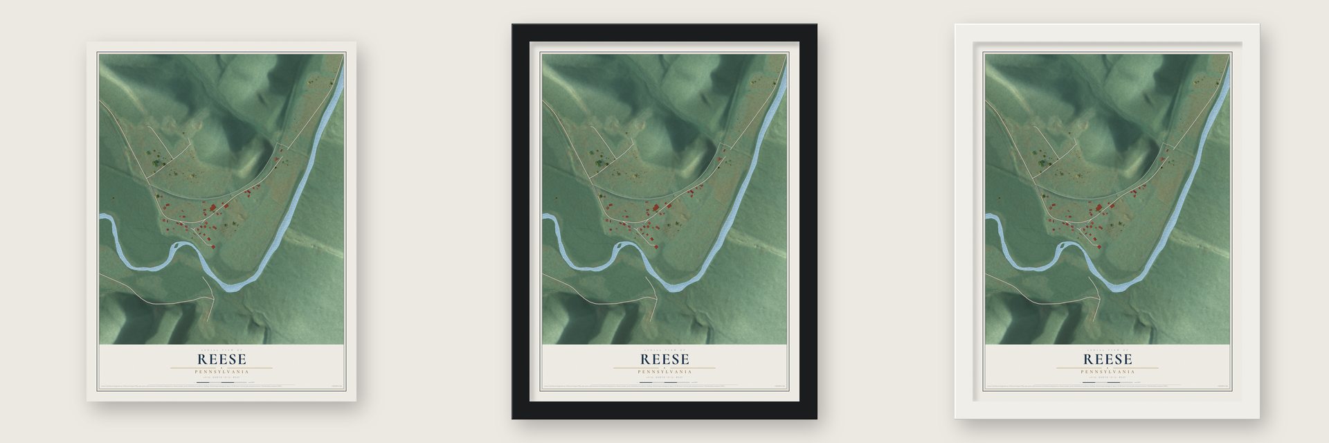Reese, Pennsylvania map unframed, in a black wood frame and in a white wood frame