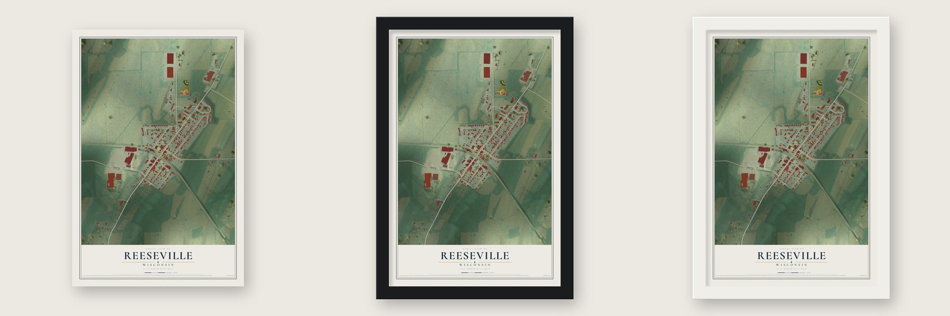 Reeseville, Wisconsin map unframed, in a black wood frame and in a white wood frame