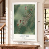 Reeseville, Wisconsin map, 24 x 36 inch print in a white frame by a staircase