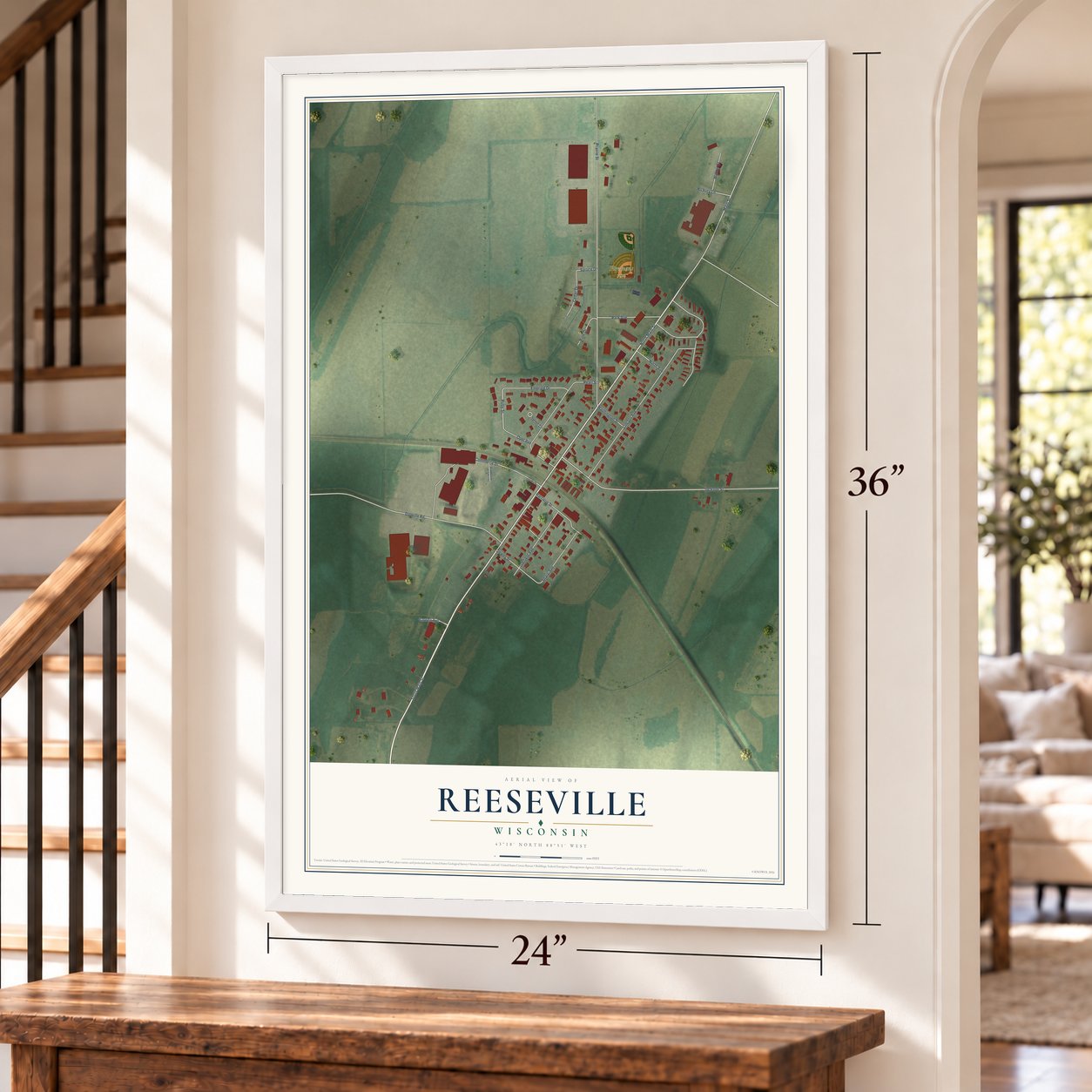 Reeseville, Wisconsin map, 24 x 36 inch print in a white frame by a staircase