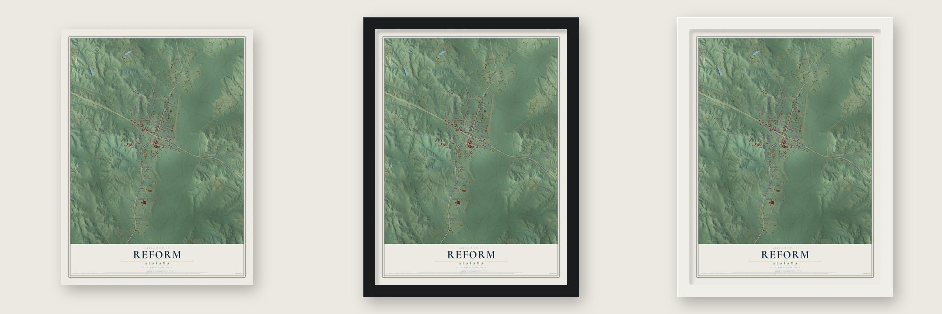 Reform, Alabama map unframed, in a black wood frame and in a white wood frame