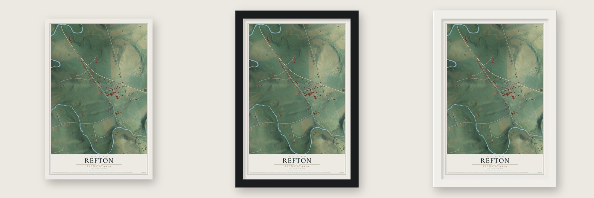 Refton, Pennsylvania map unframed, in a black wood frame and in a white wood frame