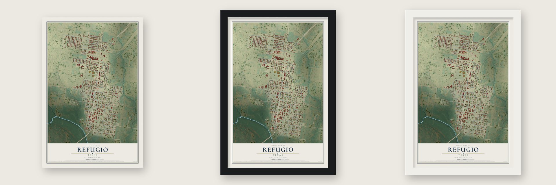 Refugio, Texas map unframed, in a black wood frame and in a white wood frame