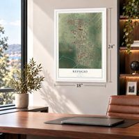 Refugio, Texas map, 18 x 24 inch print in a white frame in a home office