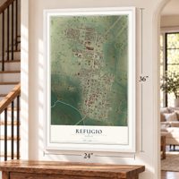 Refugio, Texas map, 24 x 36 inch print in a white frame by a staircase