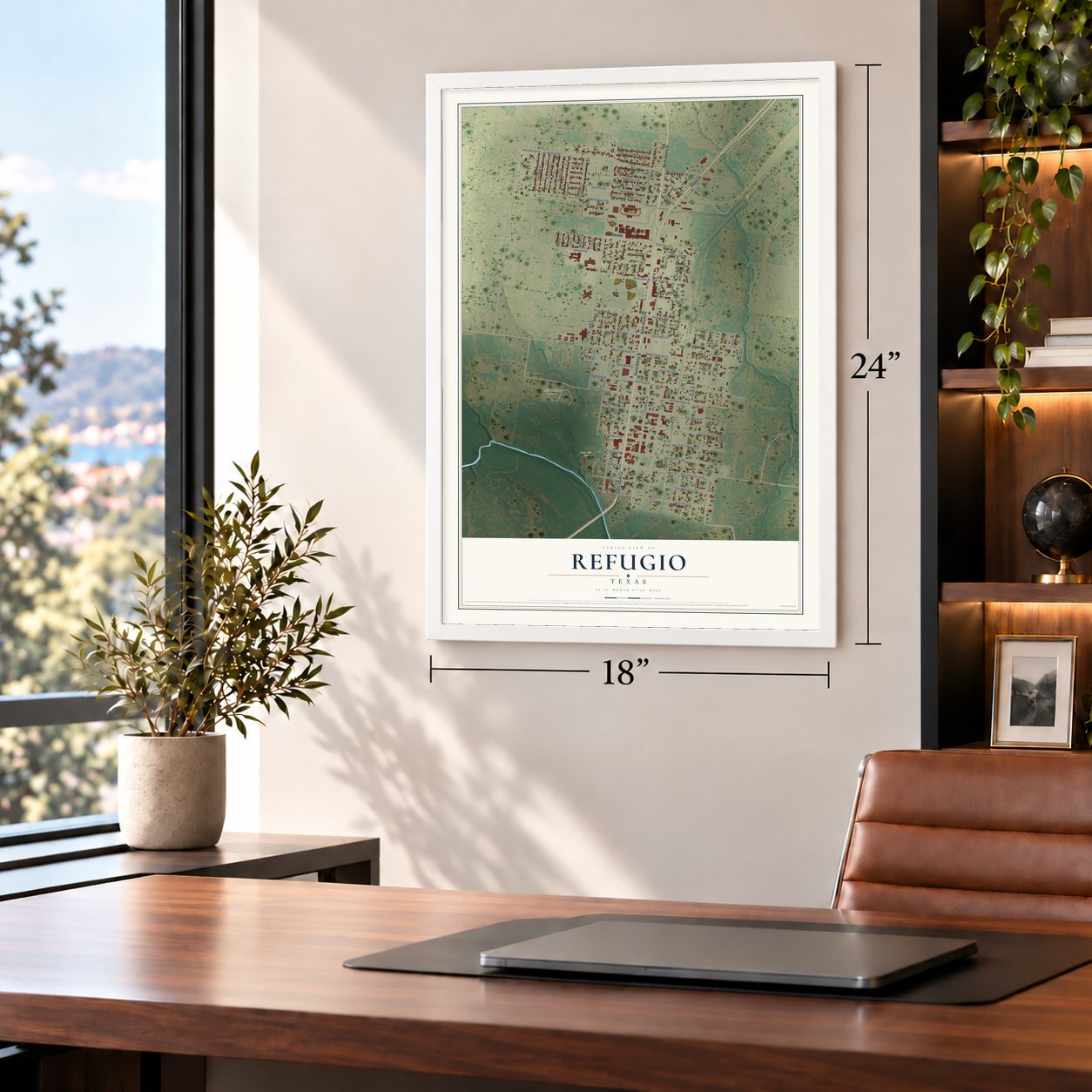 Refugio, Texas map, 18 x 24 inch print in a white frame in a home office