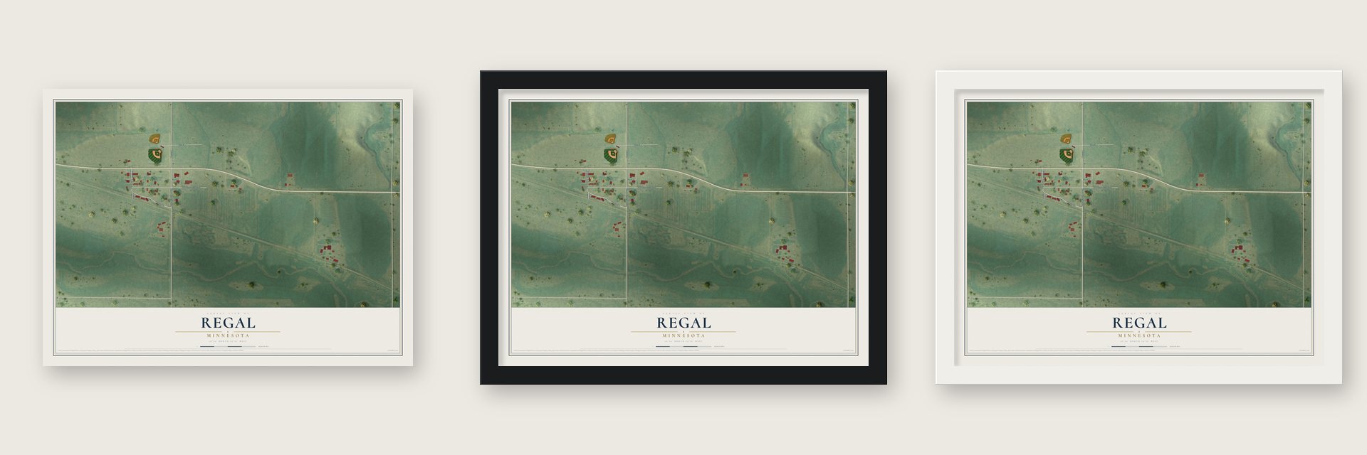 Regal, Minnesota map unframed, in a black wood frame and in a white wood frame