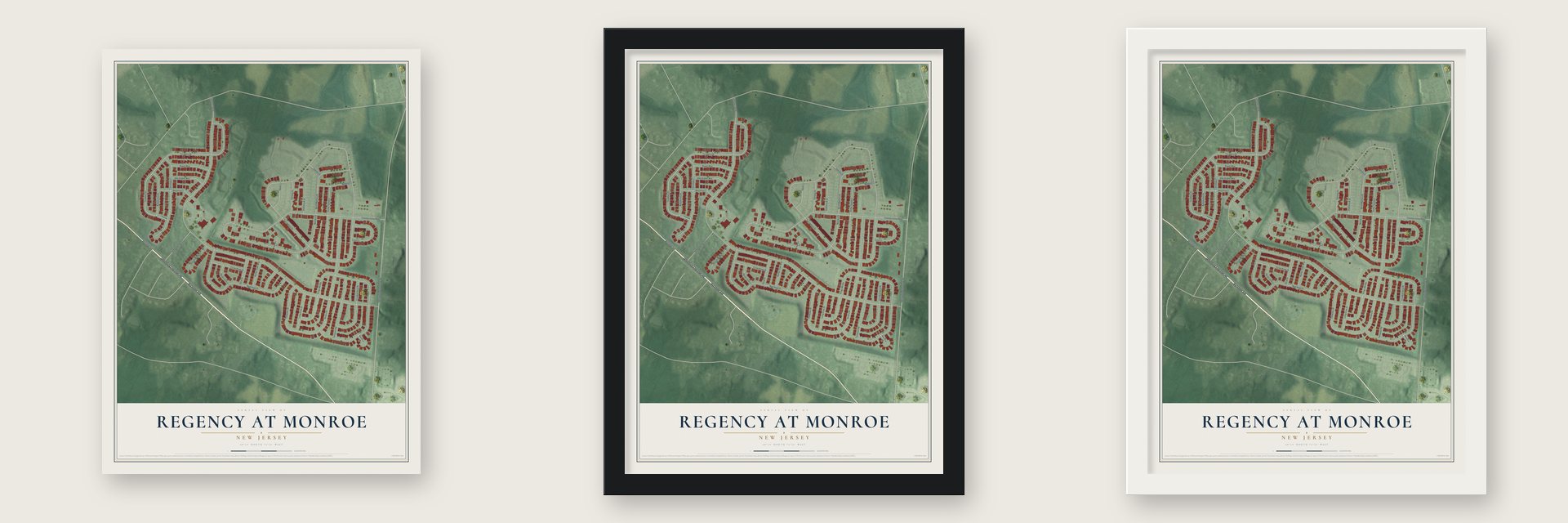 Regency at Monroe, New Jersey map unframed, in a black wood frame and in a white wood frame