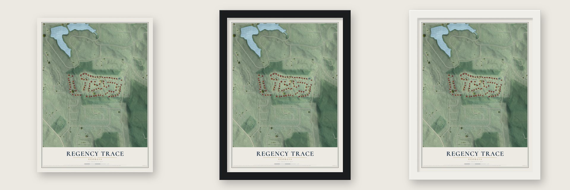Regency Trace, Georgia map unframed, in a black wood frame and in a white wood frame