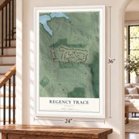 Regency Trace, Georgia map, 24 x 36 inch print in a white frame by a staircase