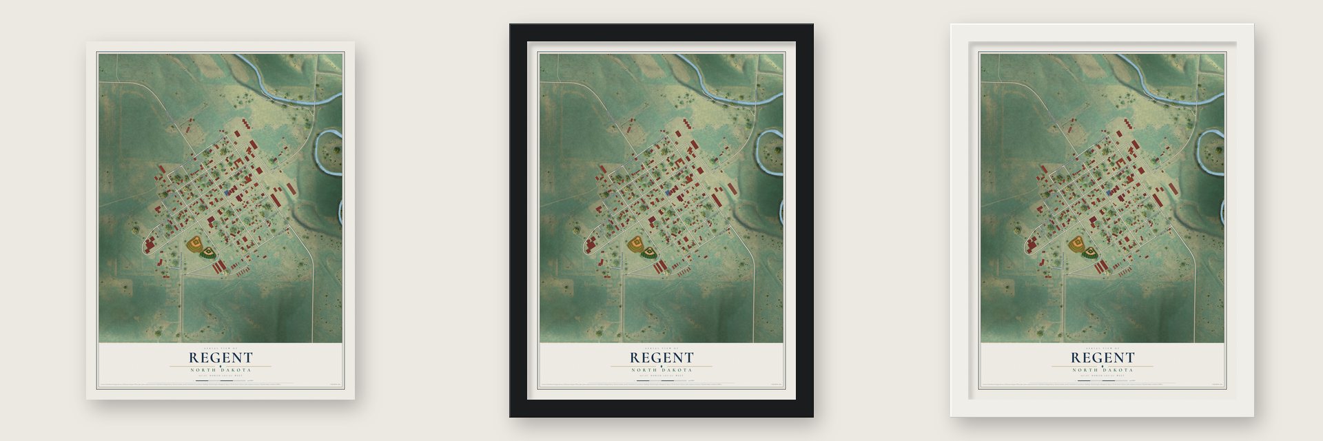 Regent, North Dakota map unframed, in a black wood frame and in a white wood frame