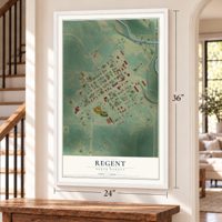 Regent, North Dakota map, 24 x 36 inch print in a white frame by a staircase