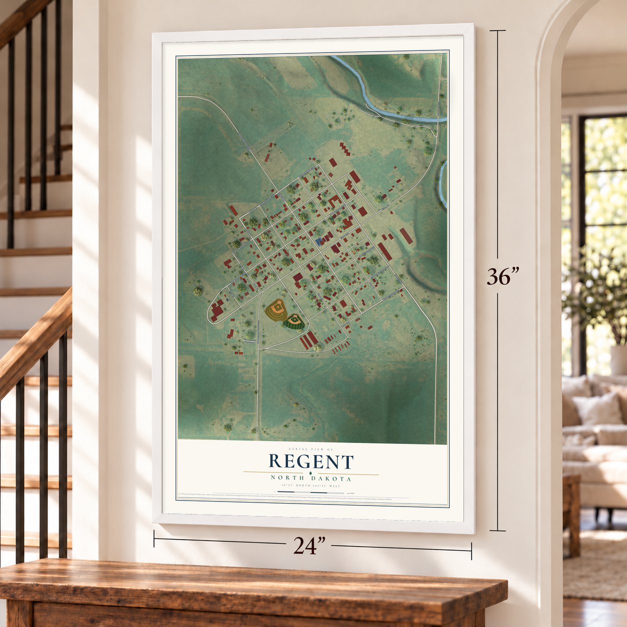 Regent, North Dakota map, 24 x 36 inch print in a white frame by a staircase
