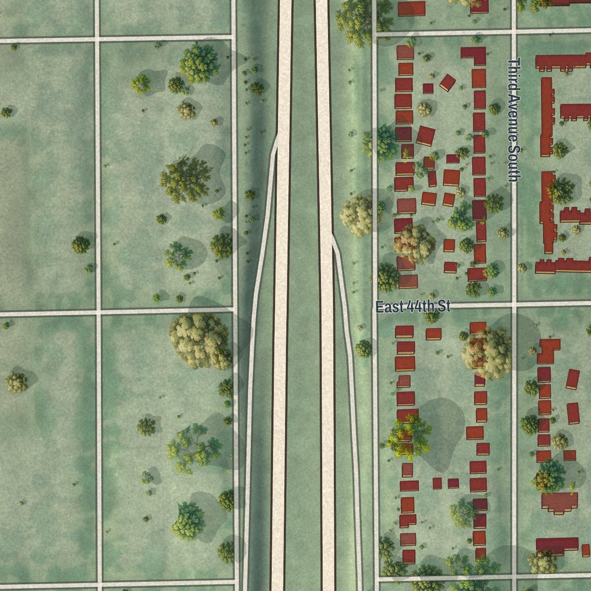 Second close-up of the map of Regina, Minnesota print showing more streets and buildings