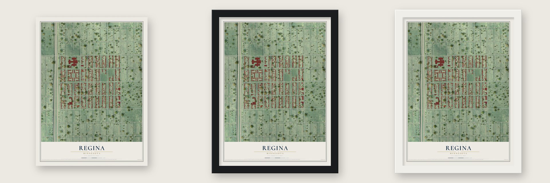 Regina, Minnesota map unframed, in a black wood frame and in a white wood frame
