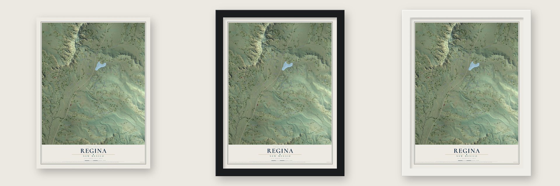 Regina, New Mexico map unframed, in a black wood frame and in a white wood frame