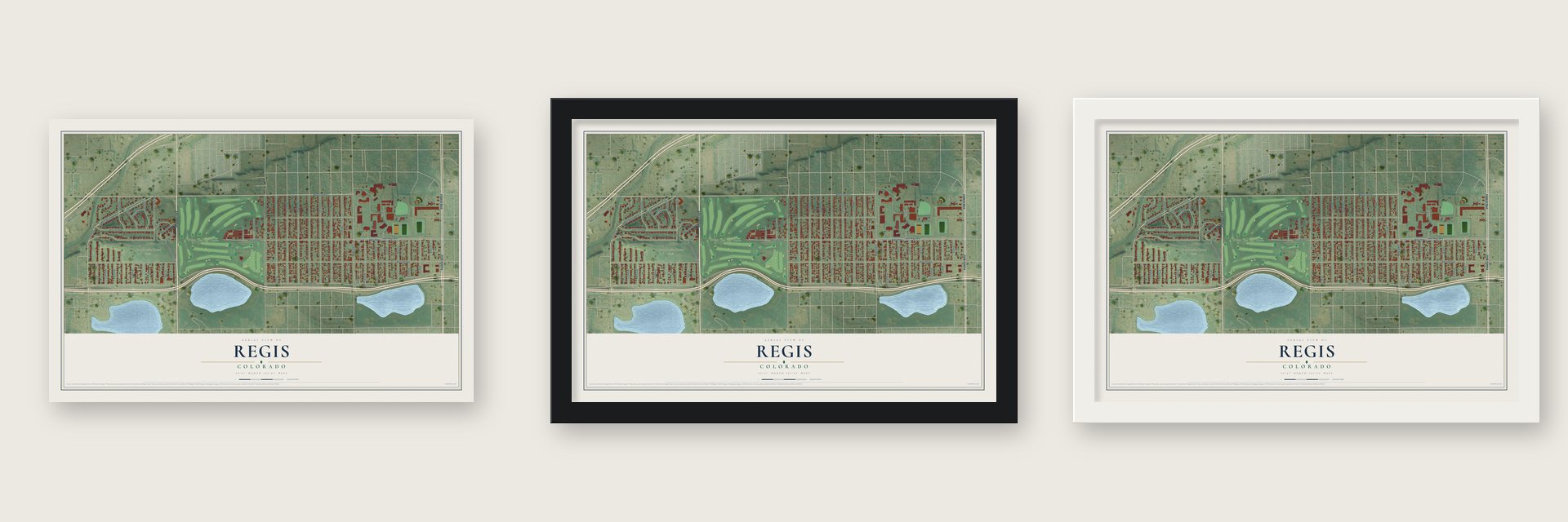 Regis, Colorado map unframed, in a black wood frame and in a white wood frame