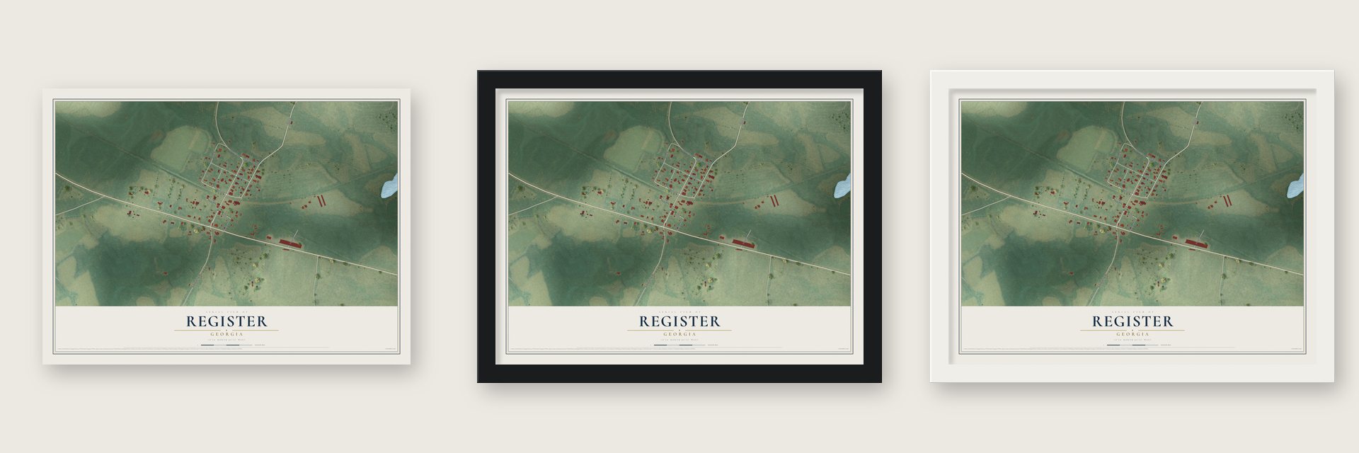 Register, Georgia map unframed, in a black wood frame and in a white wood frame