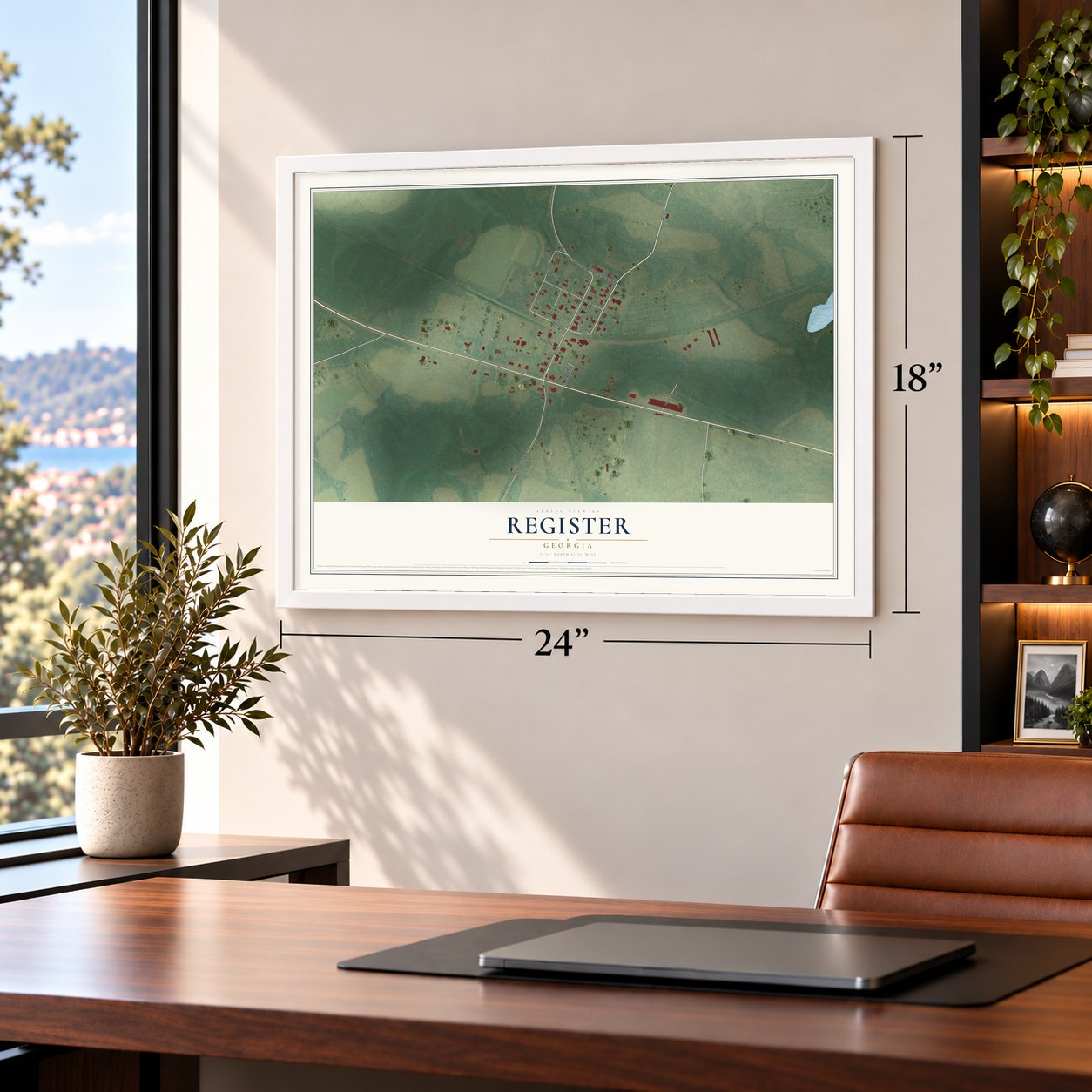 Register, Georgia map, 18 x 24 inch print in a white frame in a home office