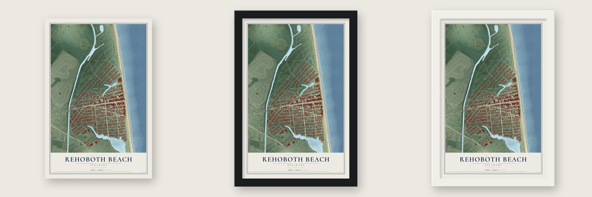 Rehoboth Beach, Delaware map unframed, in a black wood frame and in a white wood frame