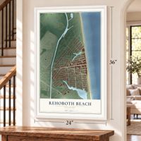 Rehoboth Beach, Delaware map, 24 x 36 inch print in a white frame by a staircase