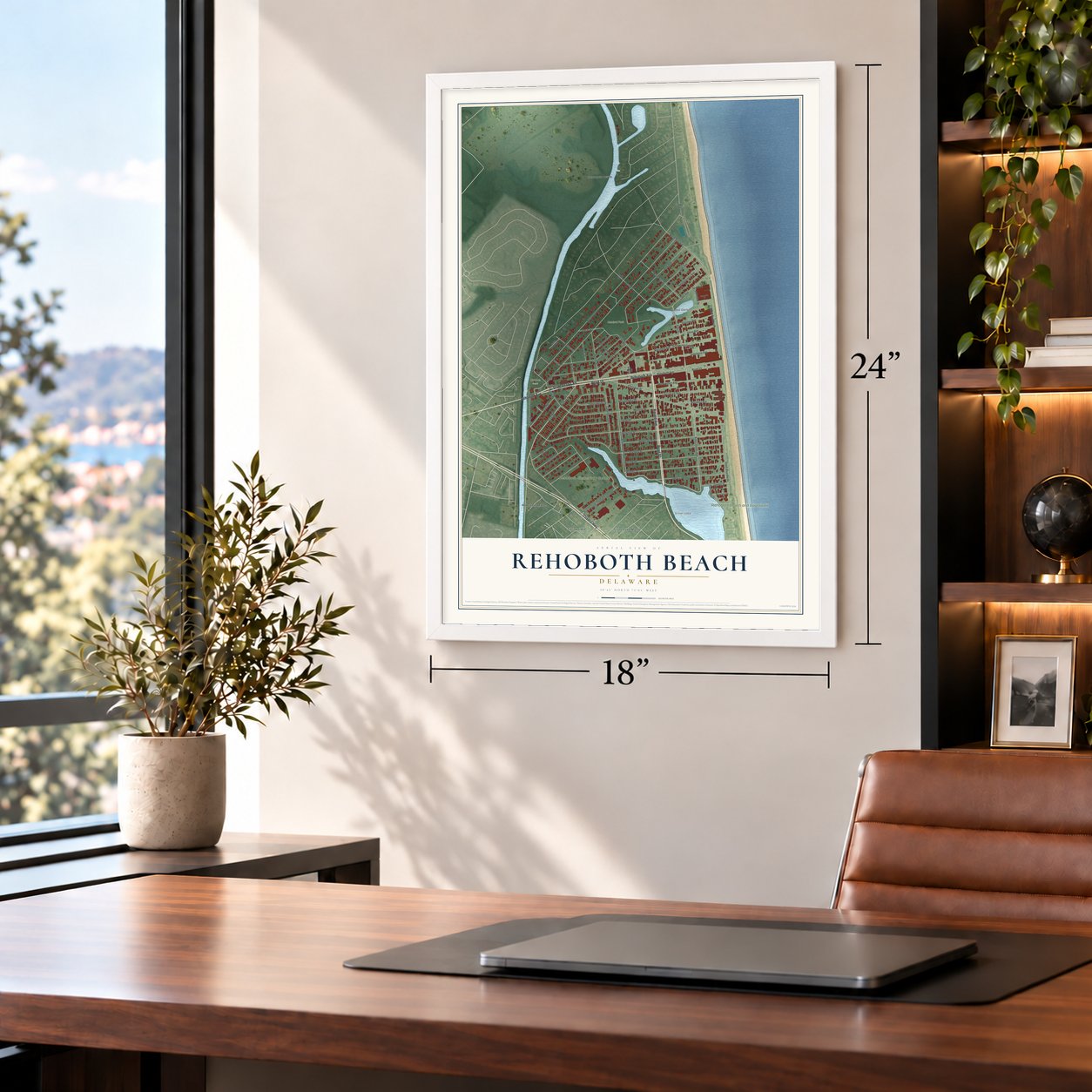 Rehoboth Beach, Delaware map, 18 x 24 inch print in a white frame in a home office