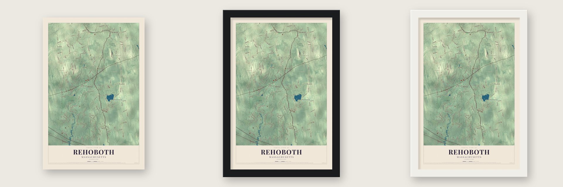 Rehoboth, Massachusetts map unframed, in a black wood frame and in a white wood frame
