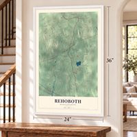 Rehoboth, Massachusetts map, 24 x 36 inch print in a white frame by a staircase