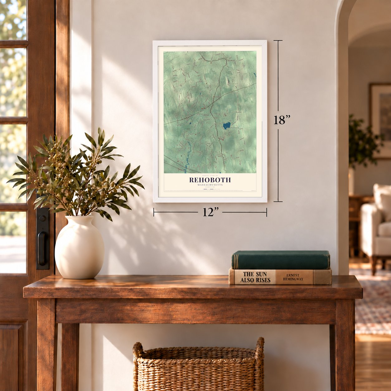 Rehoboth, Massachusetts map, 12 x 18 inch print in a white frame in an entryway