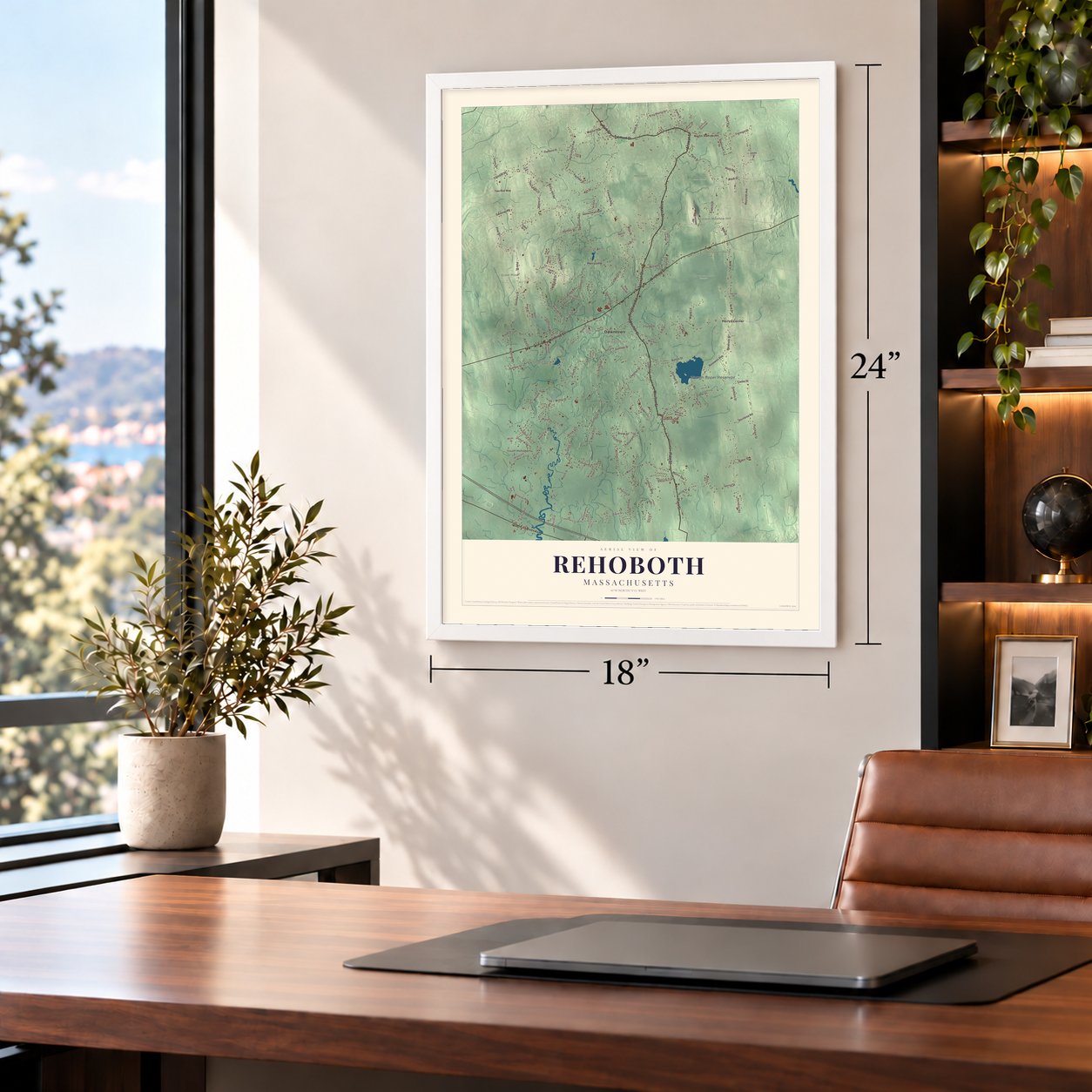 Rehoboth, Massachusetts map, 18 x 24 inch print in a white frame in a home office