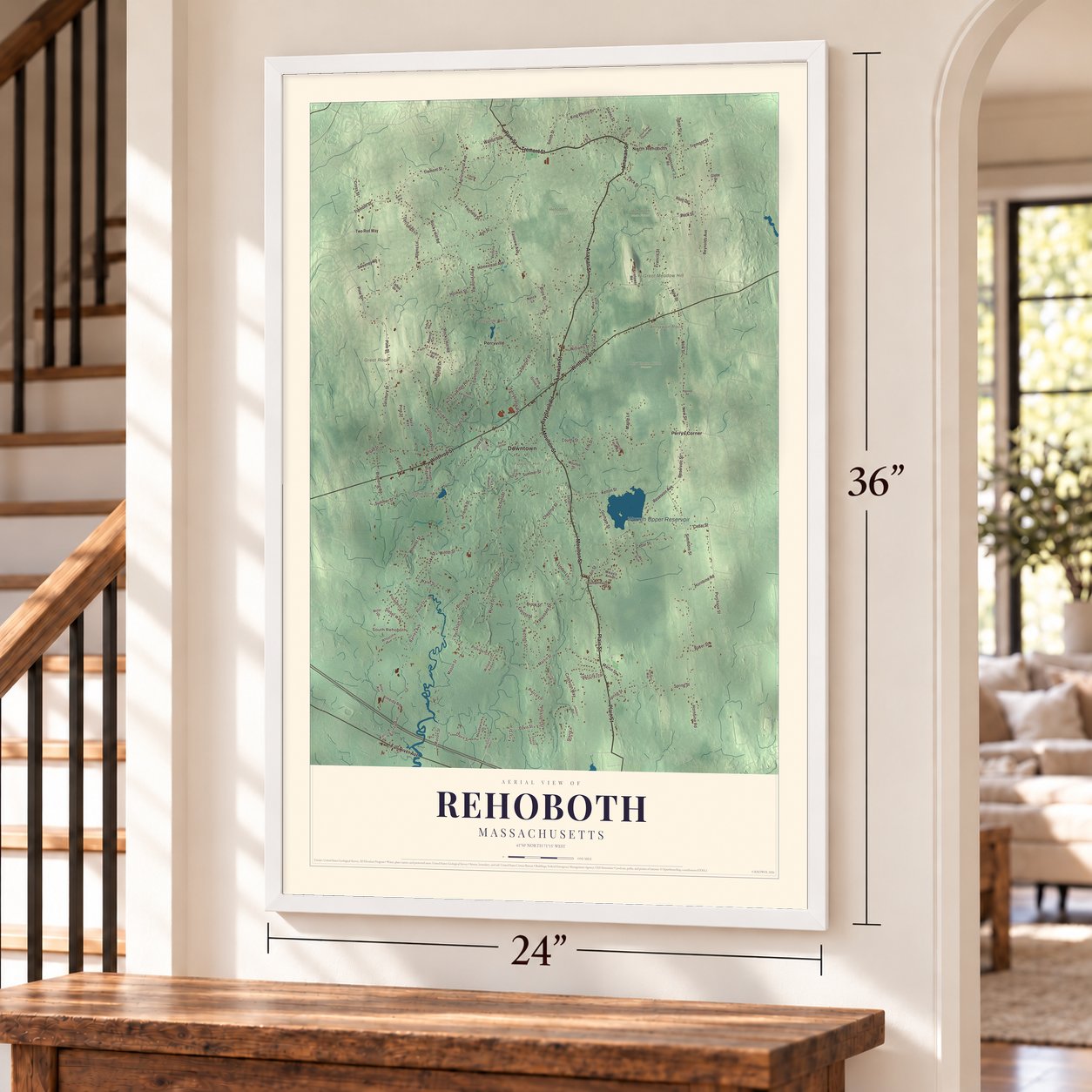 Rehoboth, Massachusetts map, 24 x 36 inch print in a white frame by a staircase