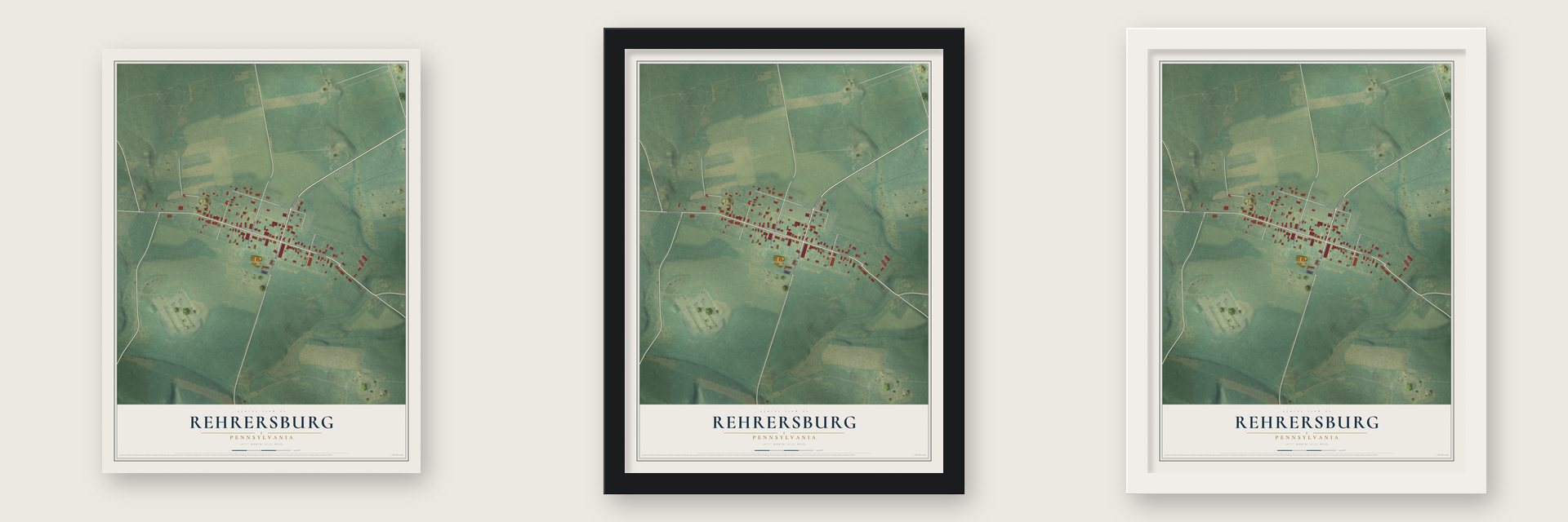Rehrersburg, Pennsylvania map unframed, in a black wood frame and in a white wood frame