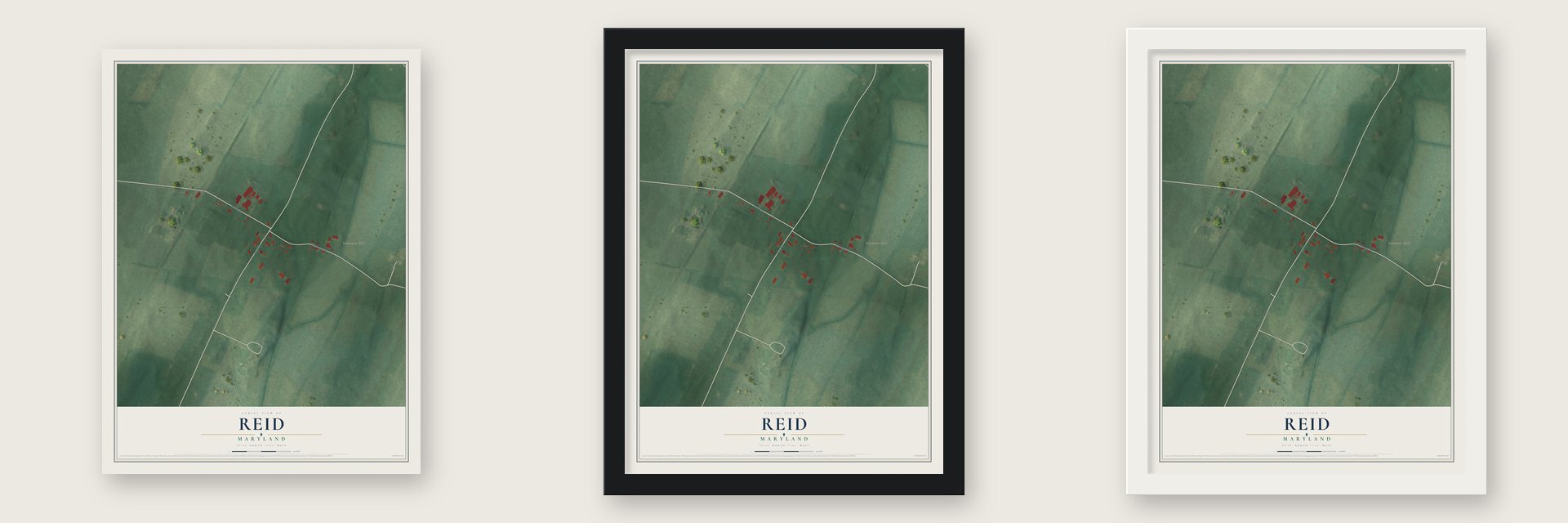 Reid, Maryland map unframed, in a black wood frame and in a white wood frame
