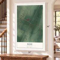 Reid, Maryland map, 24 x 36 inch print in a white frame by a staircase