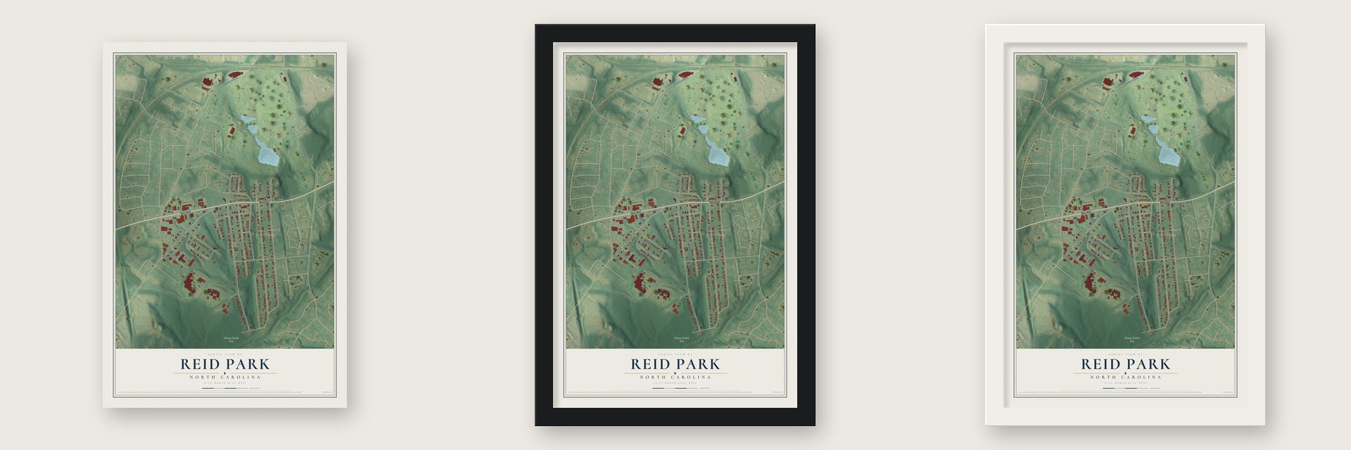 Reid Park, North Carolina map unframed, in a black wood frame and in a white wood frame