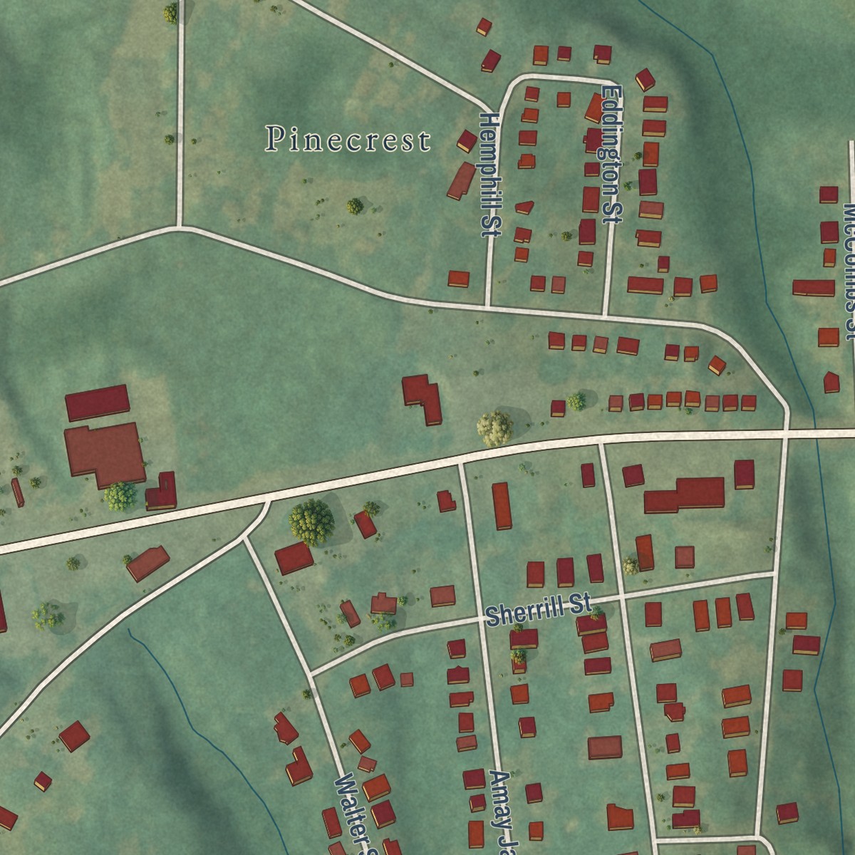 Second close-up of the map of Reid Park, North Carolina print showing more streets and buildings