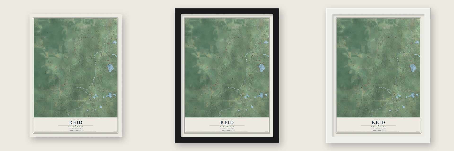 Reid, Wisconsin map unframed, in a black wood frame and in a white wood frame