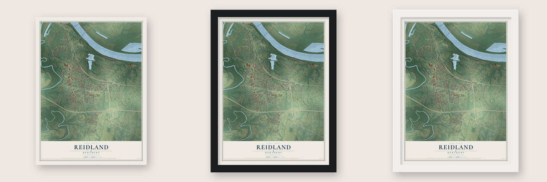 Reidland, Kentucky map unframed, in a black wood frame and in a white wood frame