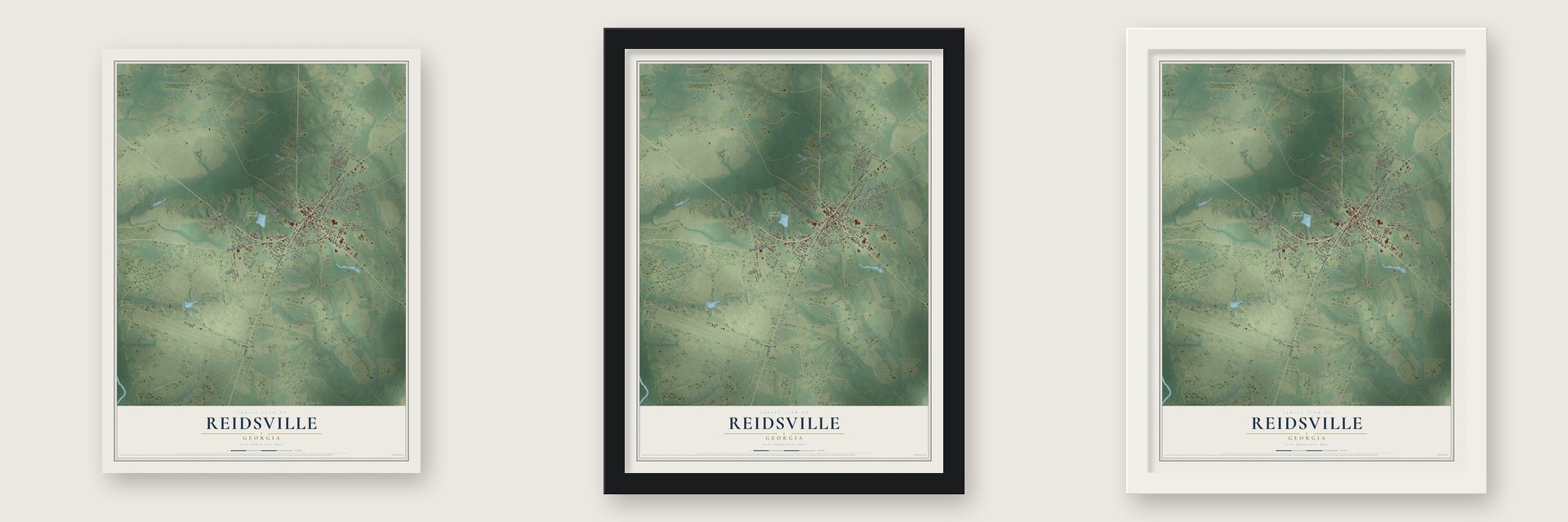 Reidsville, Georgia map unframed, in a black wood frame and in a white wood frame