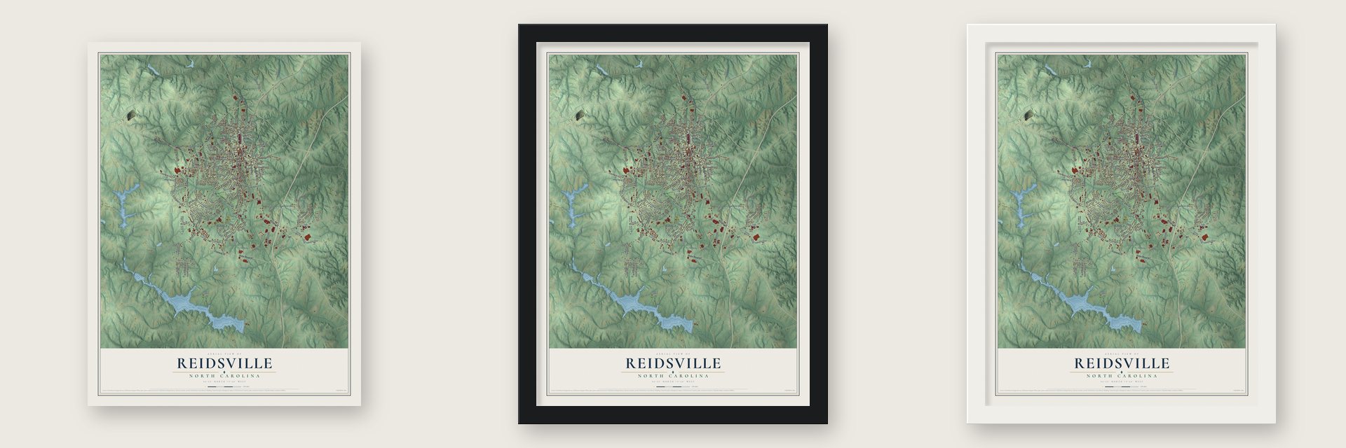Reidsville, North Carolina map unframed, in a black wood frame and in a white wood frame