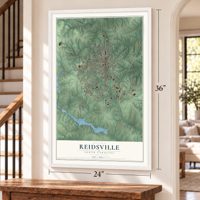 Reidsville, North Carolina map, 24 x 36 inch print in a white frame by a staircase