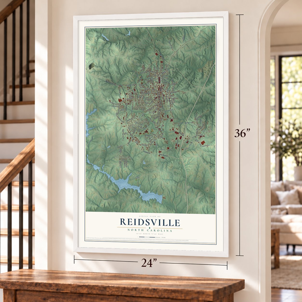 Reidsville, North Carolina map, 24 x 36 inch print in a white frame by a staircase