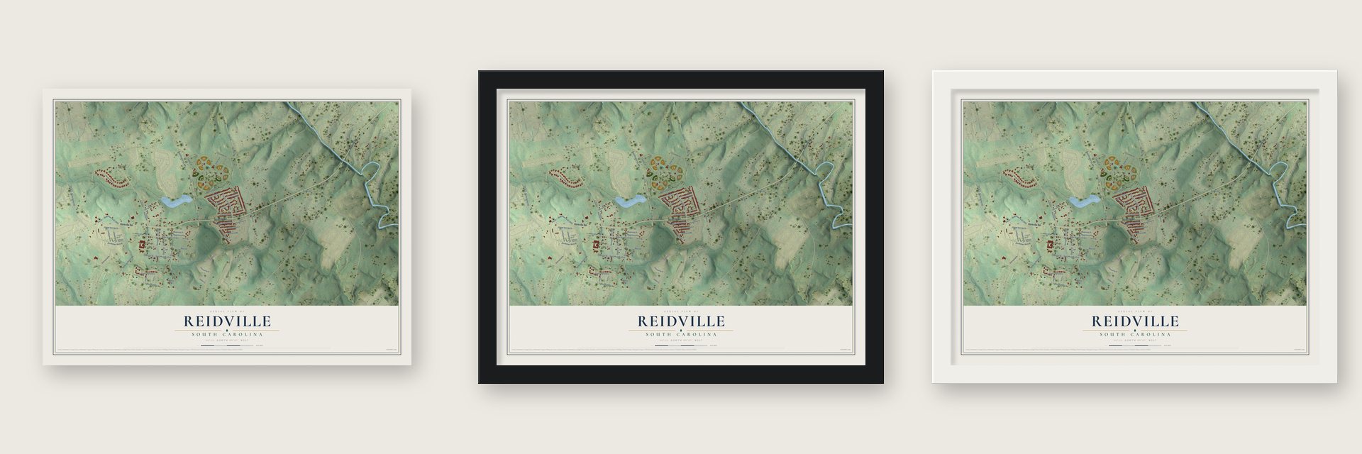 Reidville, South Carolina map unframed, in a black wood frame and in a white wood frame