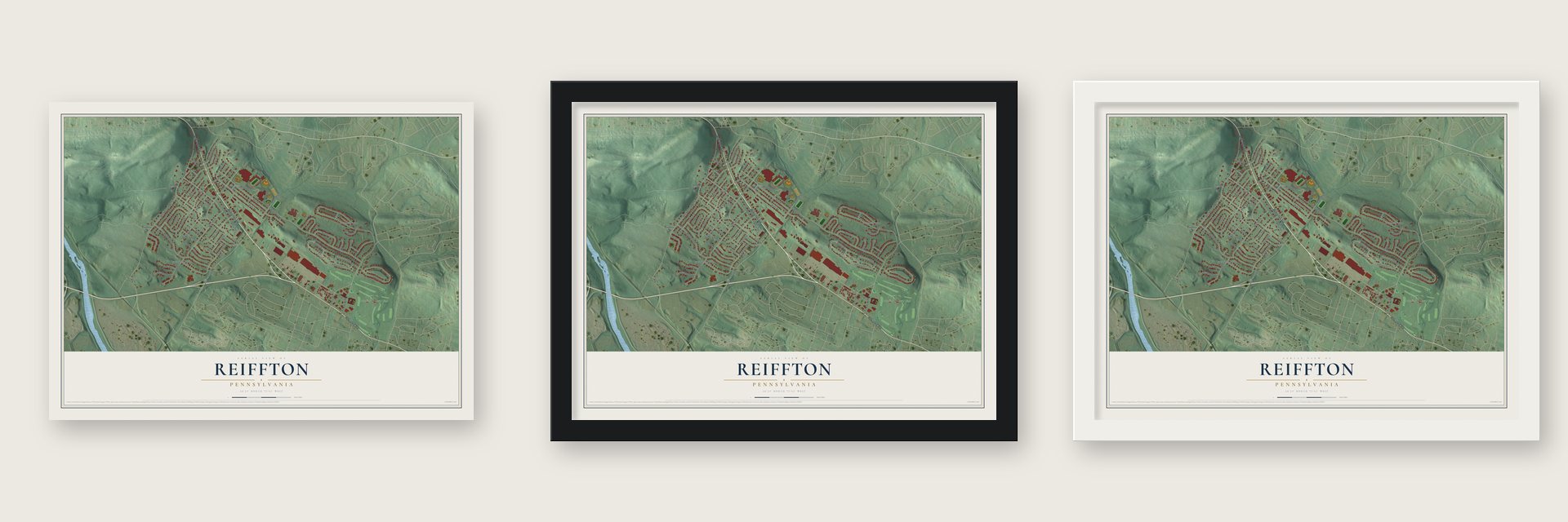 Reiffton, Pennsylvania map unframed, in a black wood frame and in a white wood frame