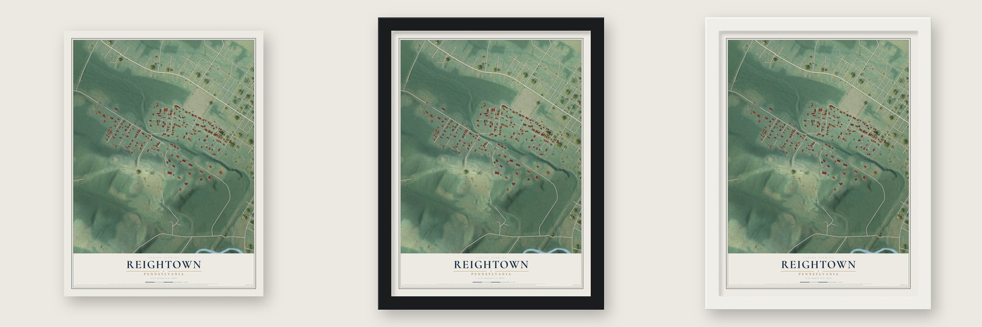 Reightown, Pennsylvania map unframed, in a black wood frame and in a white wood frame