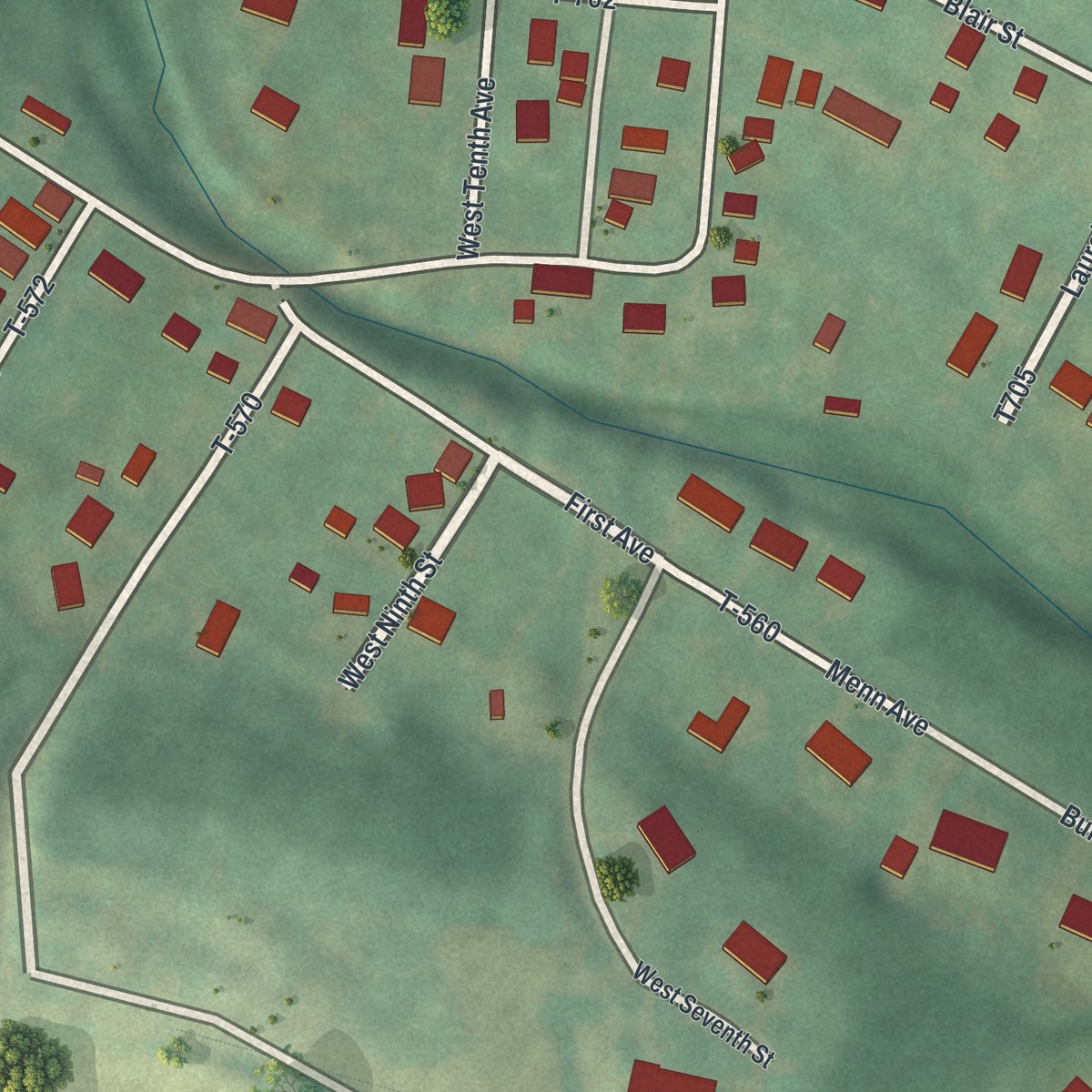 Second close-up of the map of Reightown, Pennsylvania print showing more streets and buildings