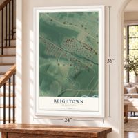 Reightown, Pennsylvania map, 24 x 36 inch print in a white frame by a staircase