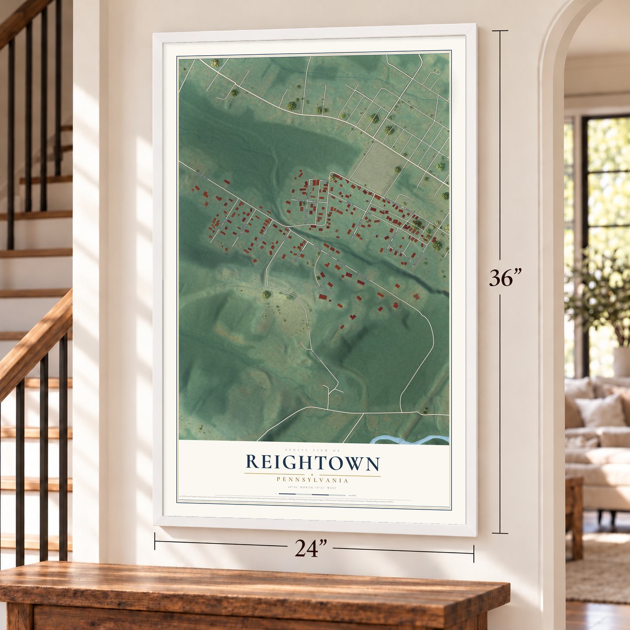 Reightown, Pennsylvania map, 24 x 36 inch print in a white frame by a staircase