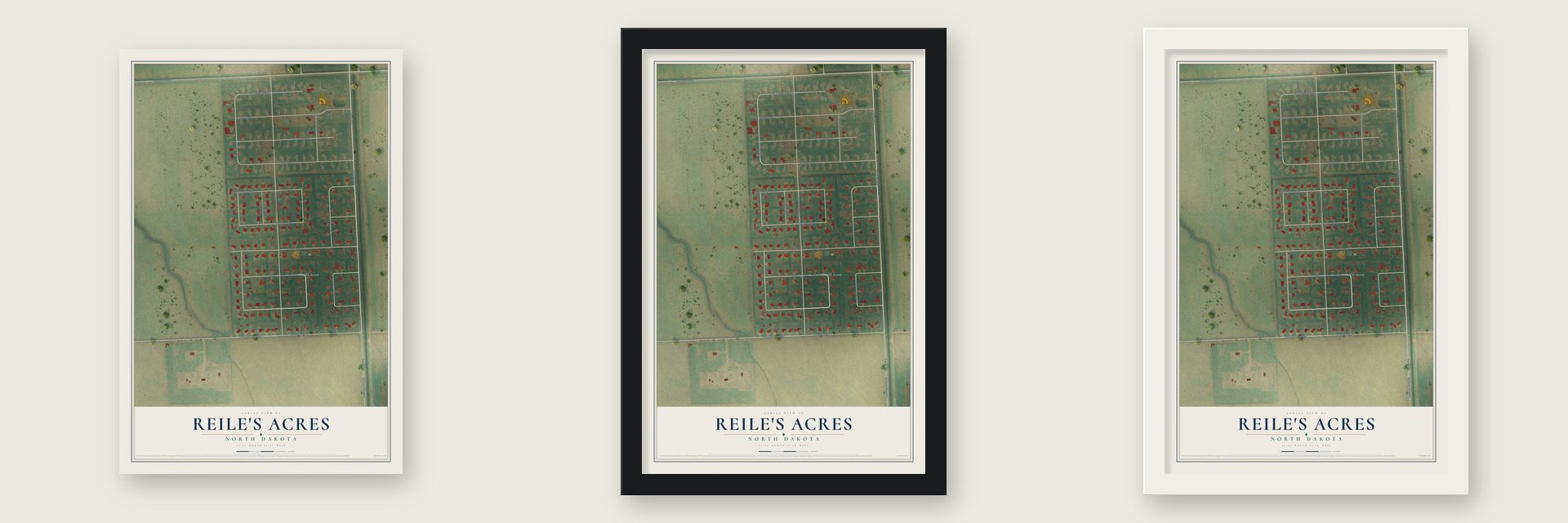 Reile's Acres, North Dakota map unframed, in a black wood frame and in a white wood frame