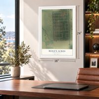 Reile's Acres, North Dakota map, 18 x 24 inch print in a white frame in a home office